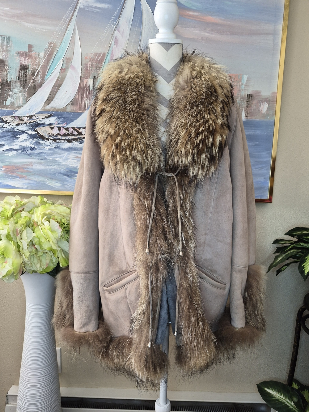 Vintage Pellegrino Taupe Suede Teddy Jacket with Brown Fur Trim